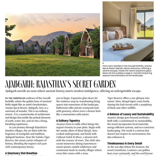 Feature article highlighting the serene landscape and opulent stay at Ananta Resort.