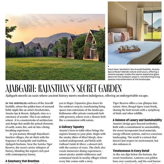 Feature article highlighting the serene landscape and opulent stay at Ananta Resort.