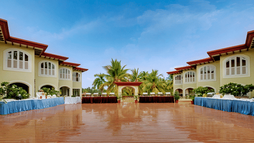 Regency I Deck at Kenilworth Resort & Spa, Goa, featuring food counters on two sides, perfect for a destination wedding in Goa