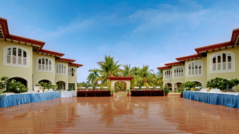Regency I Deck at Kenilworth Resort & Spa, Goa, featuring food counters on two sides, perfect for a destination wedding in Goa