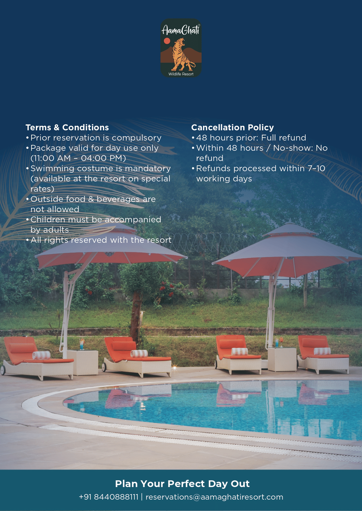 A promotional poster of Aamaghati Wildlife Resort displaying terms and conditions for a day package including timings, reservation requirement, swimming dress code, child supervision rules, and cancellation policy details.