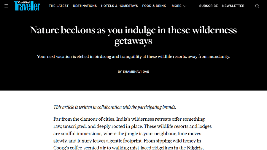 Screenshot of a Condé Nast Traveller article titled Nature beckons as you indulge in these wilderness getaways by Shambhavi Das, highlighting India's wilderness resorts as tranquil and immersive escapes from urban life.