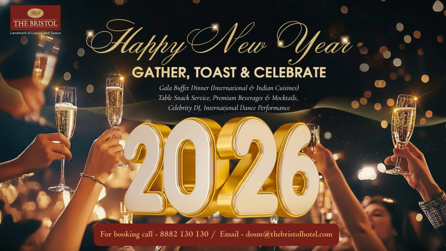 New Year 2026 celebration poster for The Bristol Hotel, Gurgaon, featuring gala dinner details and guests raising champagne glasses.