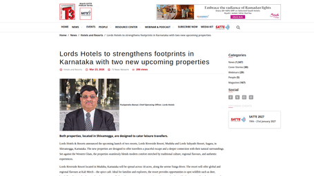 An article by Travel Trends Today showcasing Lords Hotels to strengthens footprints in Karnataka with two new upcoming properties.