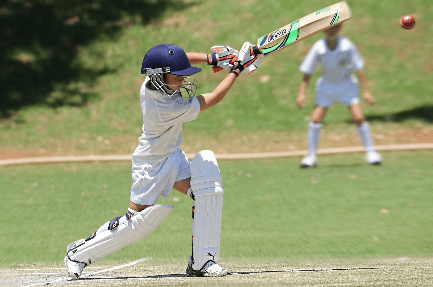A cricket player batting, with another player fielding, on a green cricket field.