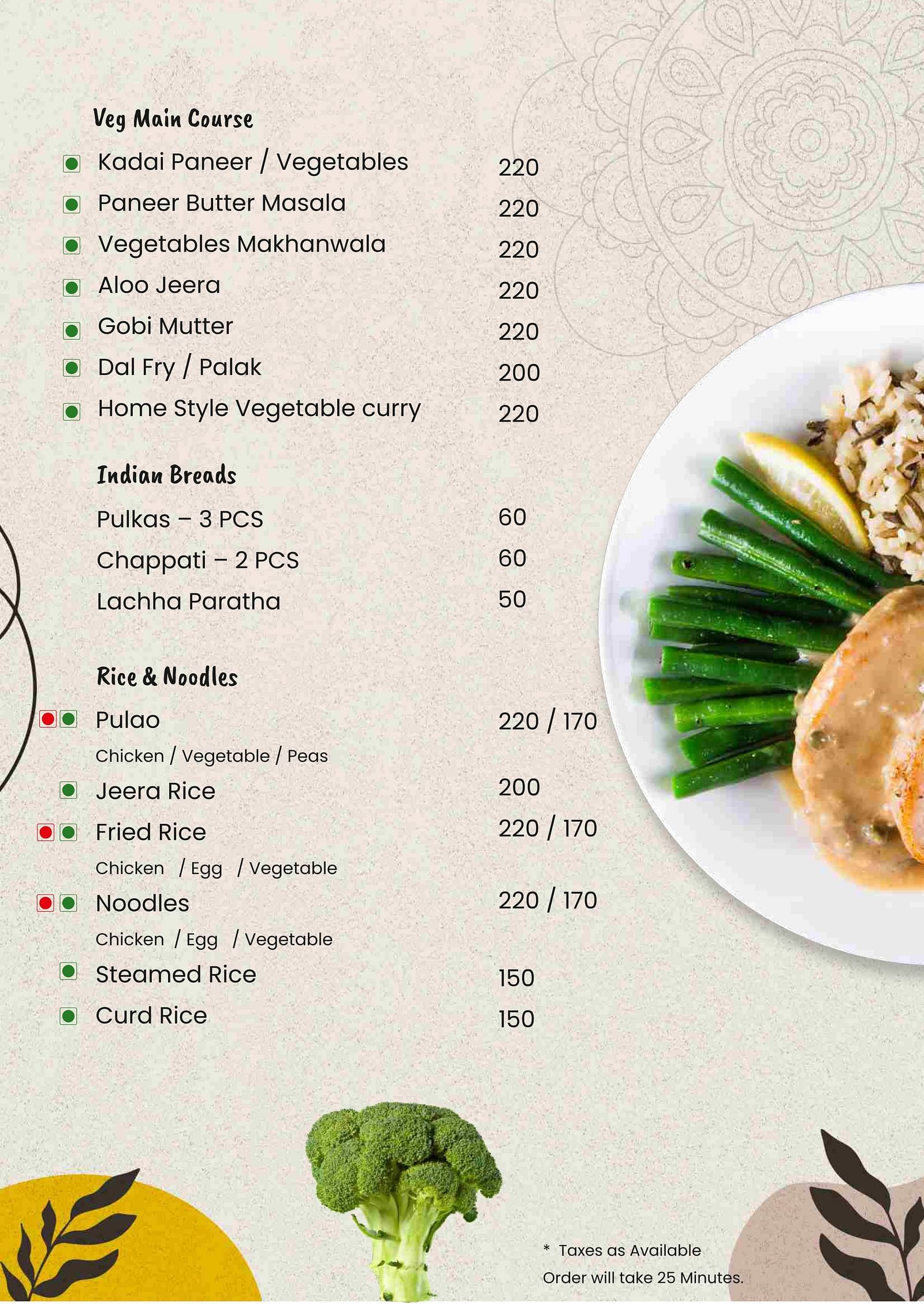 Menu with images of a platter of food and a broccoli at the bottom of the page displaying veg main courses, Indian breads, and rice and noodles