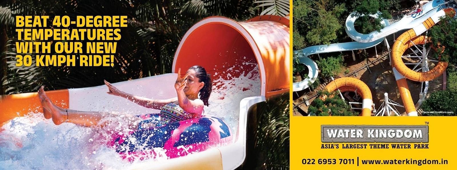A vibrant banner featuring a girl descending a waterslide, splashing water to one side, with an aerial view of the waterslide and surrounding area visible from above