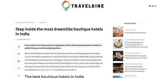 article about the best boutique hotel in India