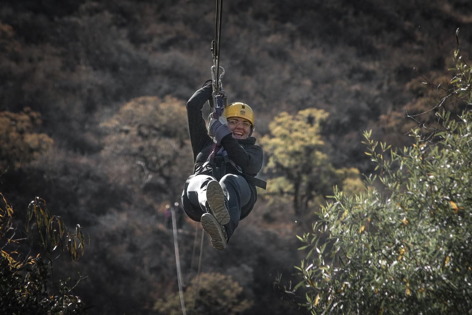 A person ziplining and holding on to the harness with forest cover around.