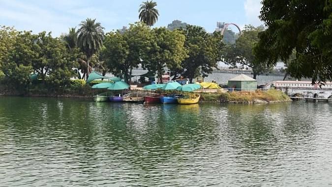 A scenic lakeside view with colourful pedal boats docked near the shore, shaded by green umbrellas and surrounded by lush trees on a bright, sunny day.