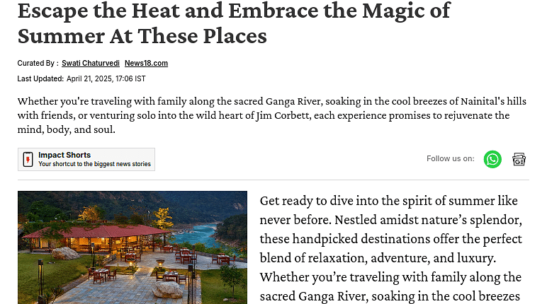 Article titled 'Escape the Heat and Embrace the Magic of Summer At These Places' with a scenic image of a riverside resort featuring a pool and outdoor seating, surrounded by lush hills.