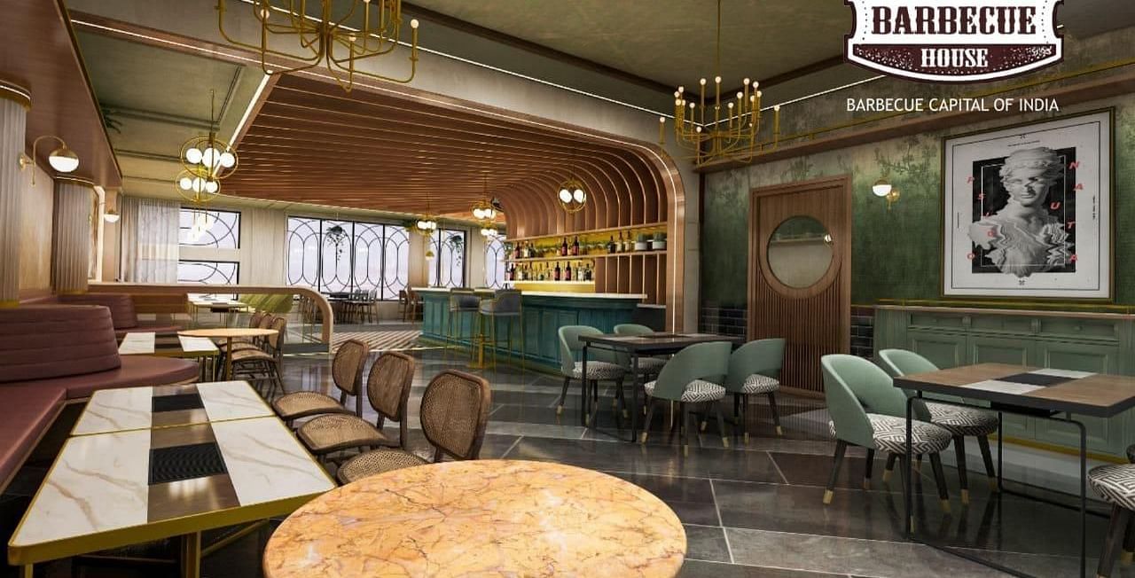 An image of a restaurant featuring sofa and chairs with centre tables at Themis Barbecue House, Panipat