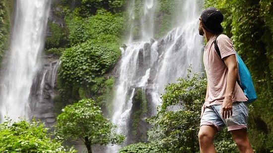 An image of a man looking at the waterfall which is surrounded by trees amidst the hills