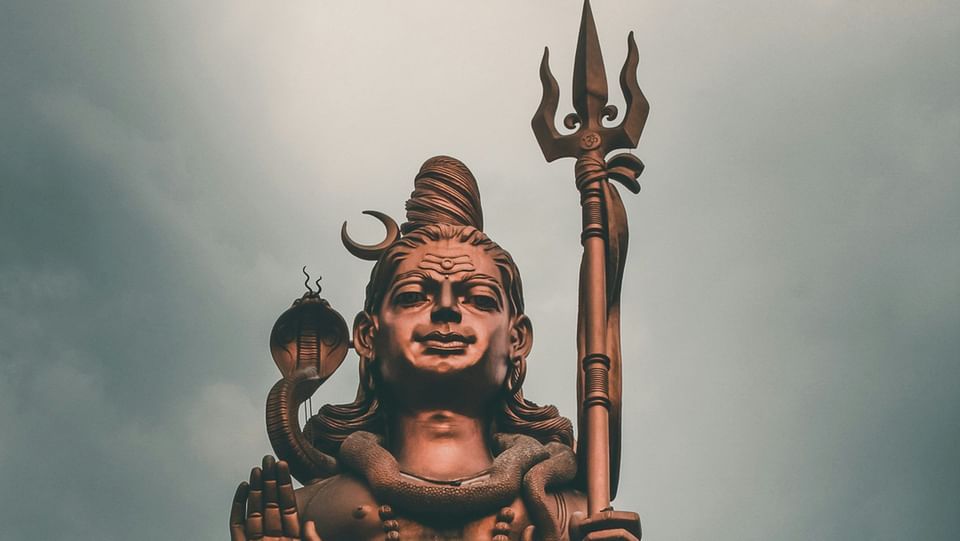 An overview of a Statue of Belief (Nathdwara) covered in Bronze with a tree in the background.
