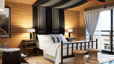 A bedroom with a bed, lamps, patterned drapes, a chair, and a balcony view - Rhino and River BluSalzz Collection, Pobitora