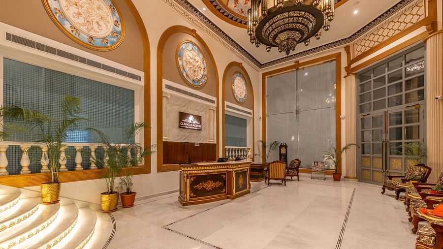 an image of the hotel reception with steps and good interiors