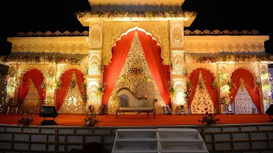 a close up shot of a stage for a wedding at Wedlock Greens Hotel Resorts Dhanbad