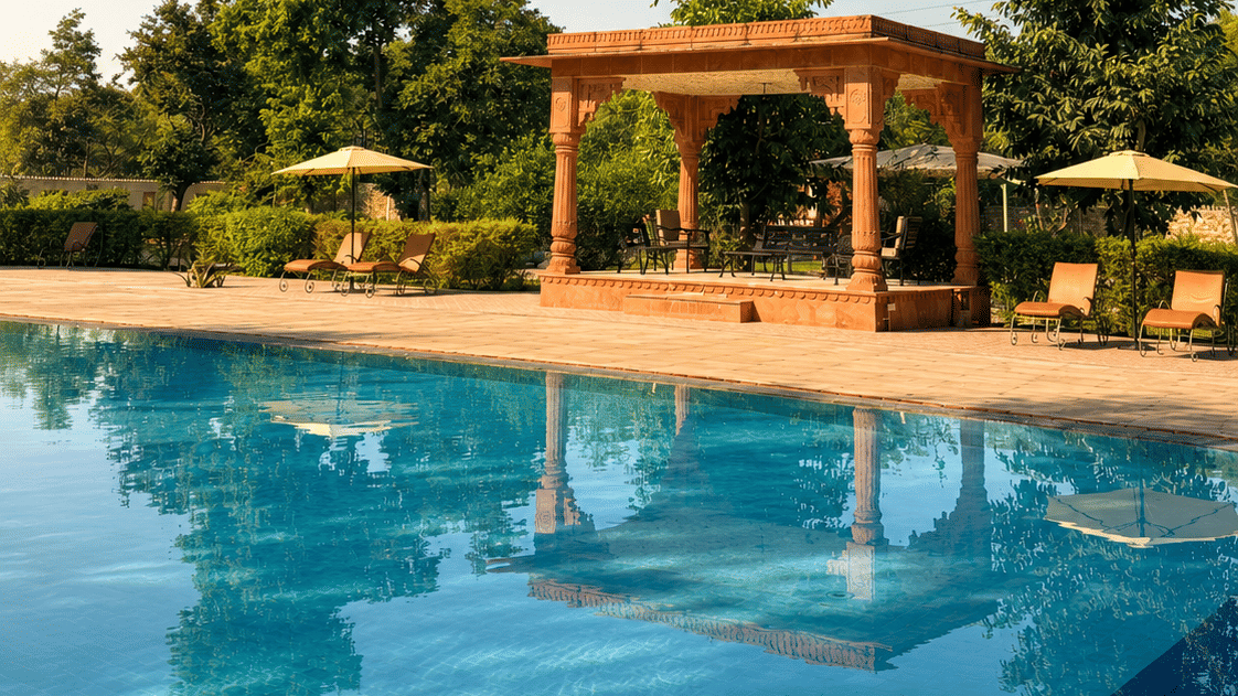 Sandstone Pavilion Reflections by the Pool at Umaid Palace Dausa-Resort near jaipur