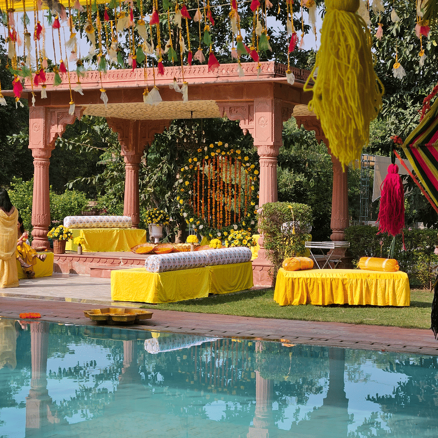 Talai, the poolside haldi setting at Umaid Palace
