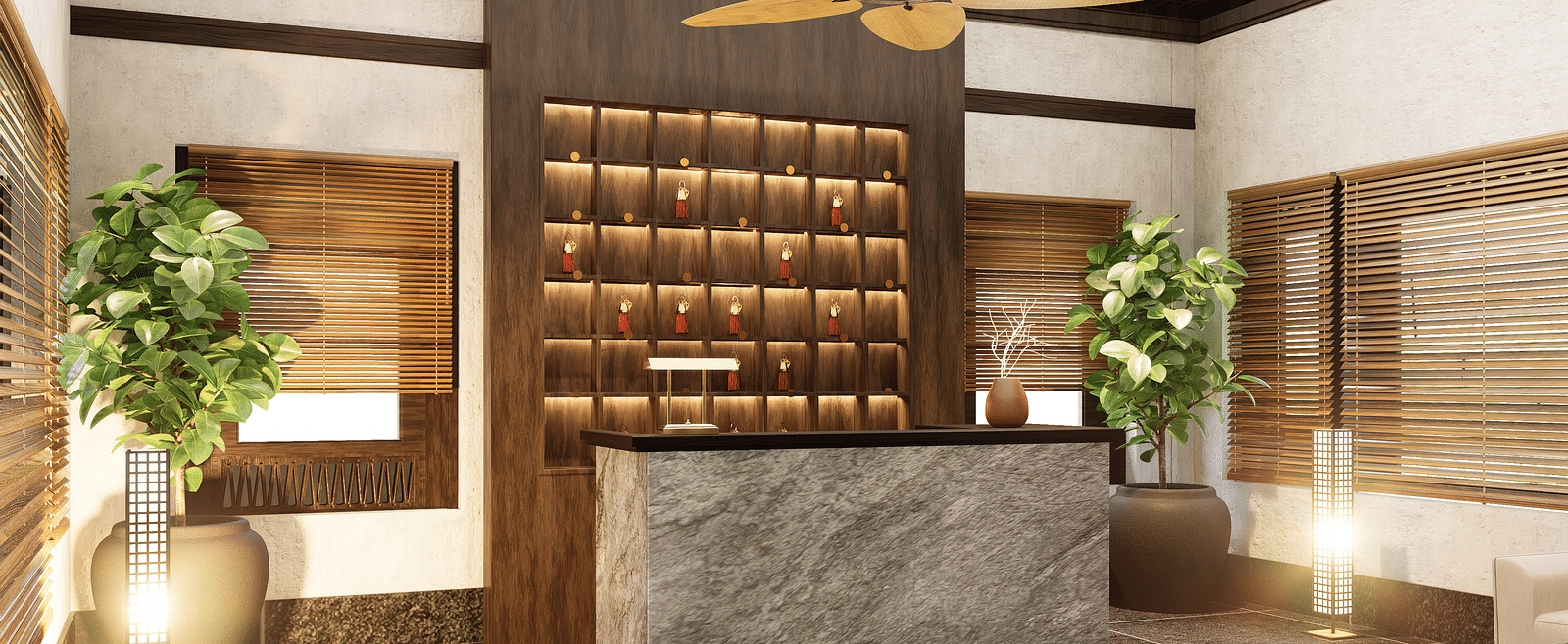 A room with a counter, shelves with small items, plants, a ceiling fan, and blinds on the windows - Rhino and River BluSalzz Collection, Pobitora
