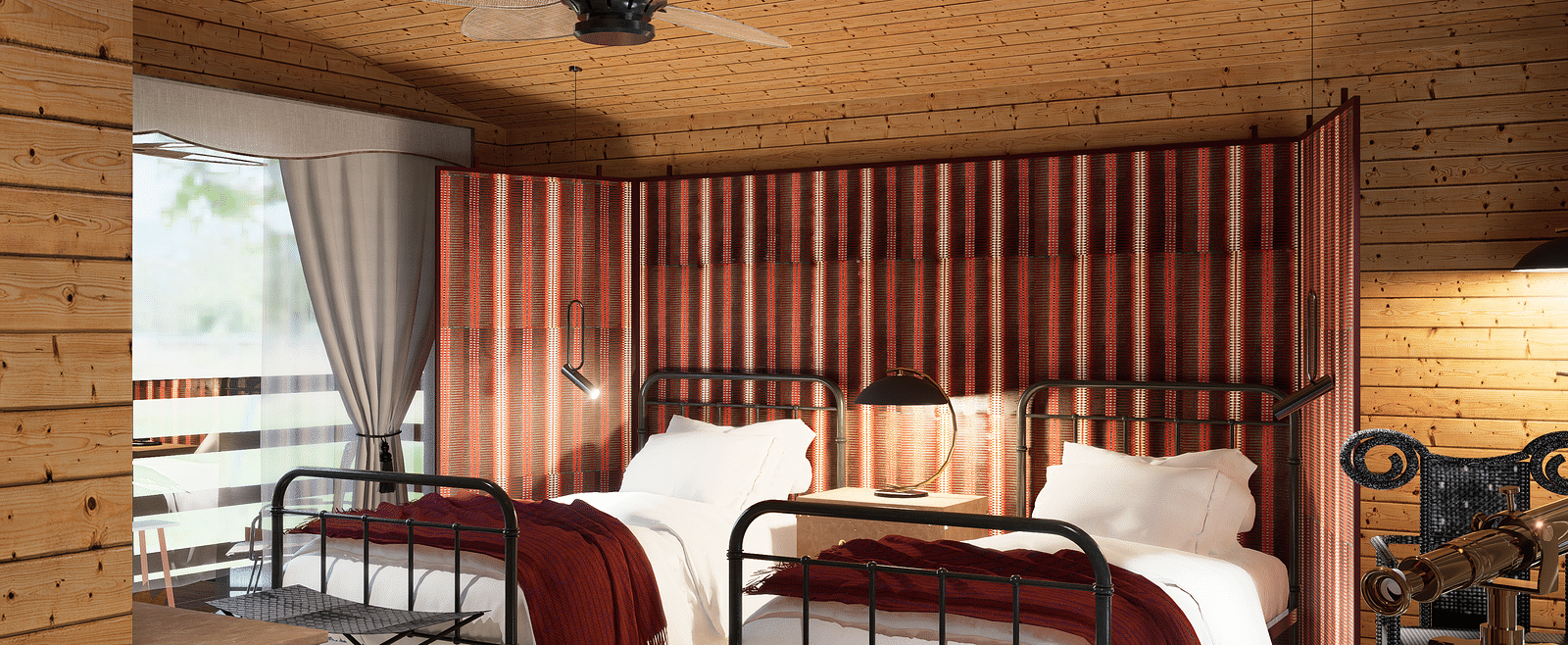 A bedroom with twin beds, a ceiling fan, a striped partition, and a window with curtains - Rhino and River BluSalzz Collection, Pobitora