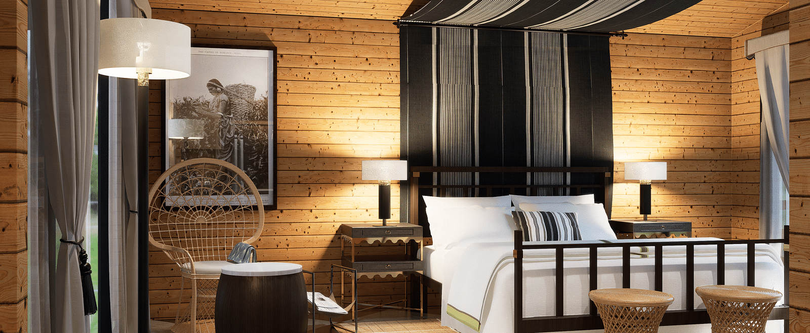 A bedroom with a bed, lamps, patterned drapes, a chair, and a chequered floor - Rhino and River BluSalzz Collection, Pobitora