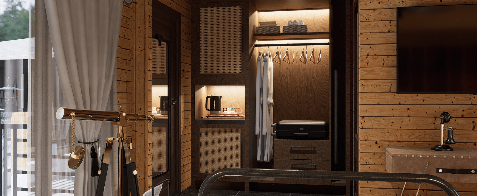 A bedroom with a wardrobe, hanging clothes, a television, and a balcony with a curtained door - Rhino and River BluSalzz Collection, Pobitora