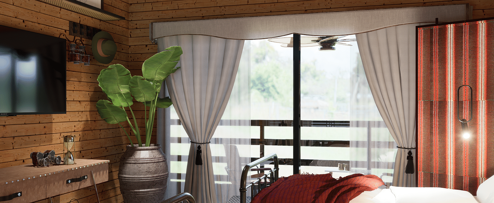 A bedroom with a bed, a ceiling fan, a television, a plant in a vase, and a balcony with a view - Rhino and River BluSalzz Collection, Pobitora