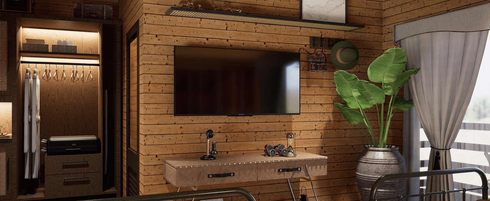 A bedroom with twin beds, a television, a ceiling fan, a wardrobe, and a plant in a vase - Rhino and River BluSalzz Collection, Pobitora