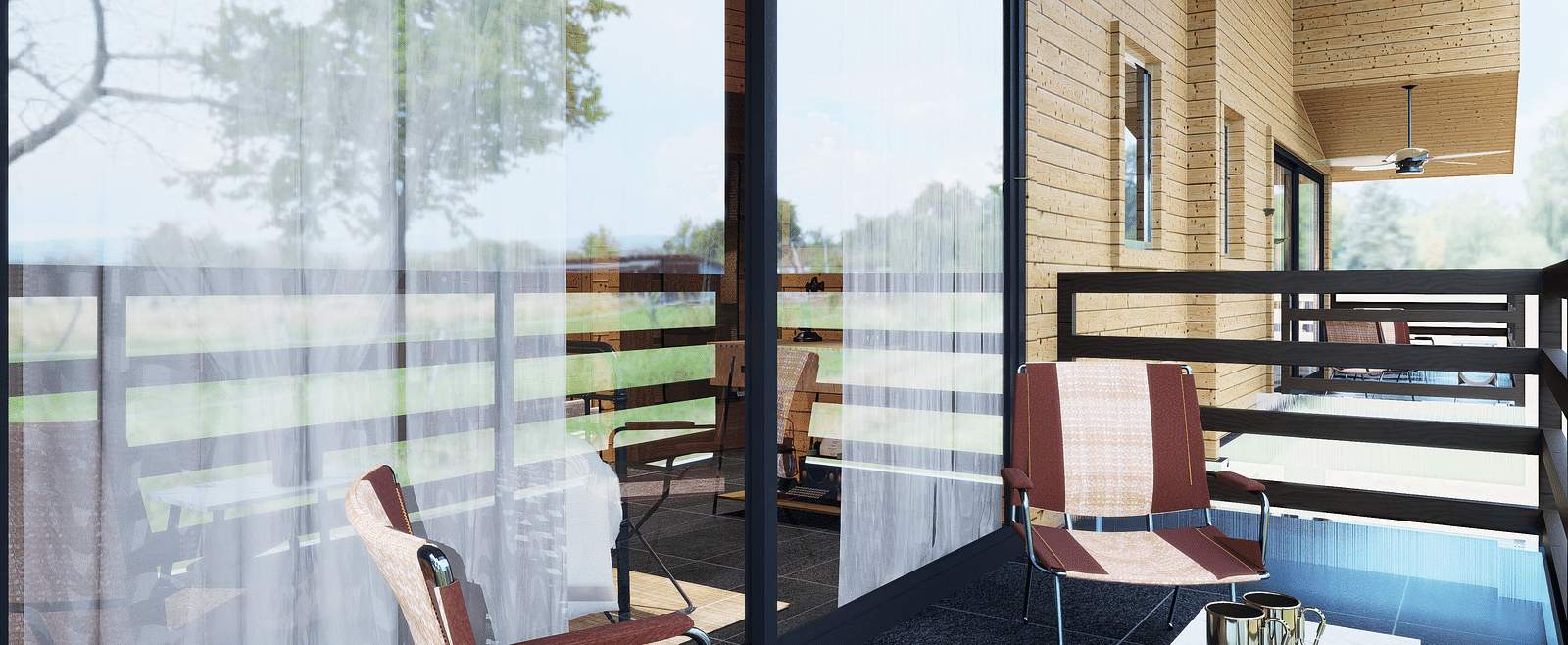 A balcony with chairs, a small table, a sliding glass door, and a view of trees - Rhino and River BluSalzz Collection, Pobitora