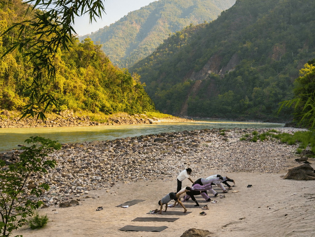 A group of people indulging into an early morning yoga session by the Ganges, with a beautiful backdrop of the hills.