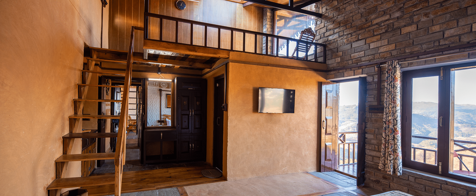 Comfortable rustic room interior with a charming wooden loft and natural furnishings. - Blusalzz Homes The Himalayan Bungalow, Almora