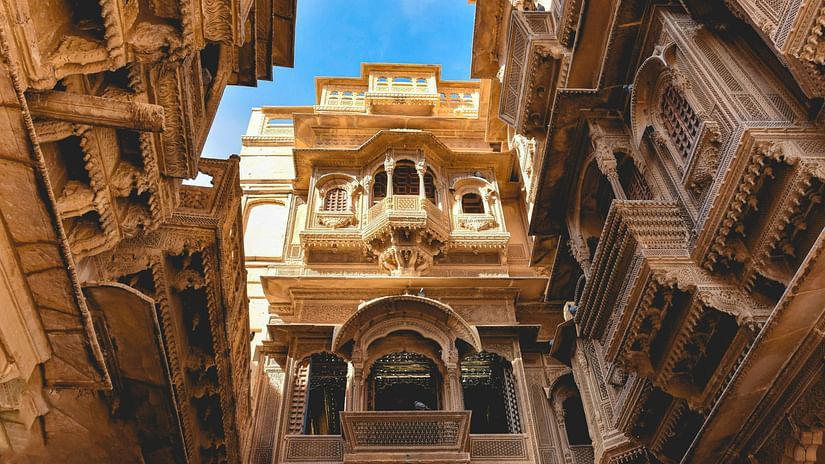 An overview of a Haveli in Rajasthan as seen from below with intricate architecture