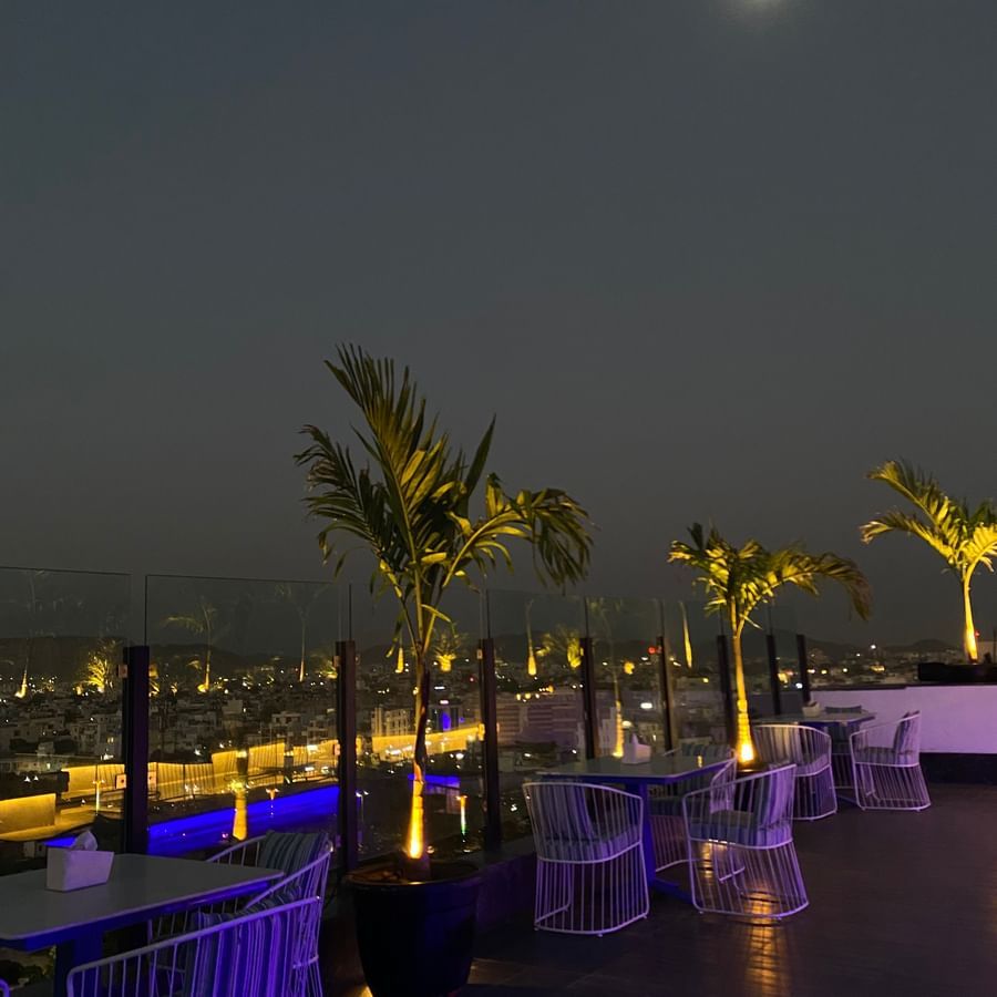Night view of ta BLU Rooftop Bar at Clarks Amer, Jaipur pictured within the Moonlight.