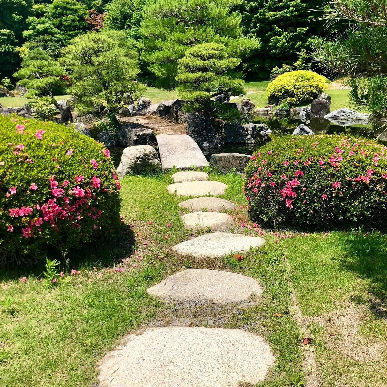 A beautifully landscaped garden pathway with neatly trimmed hedges, blooming flowers, and stone steps leading through the greenery.