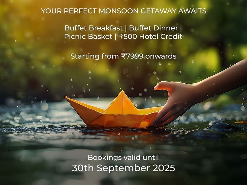 Creative for the Escape to Serenity Package with a hand pushing a yellow paper boat on water, with a blurred backdrop of green foliage and a golden glow. The text lists inclusions and booking details.