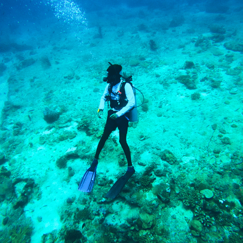 Scuba diver swimming above a coral reef underwater, wearing full diving equipment and fins, with bubbles rising through clear blue water.