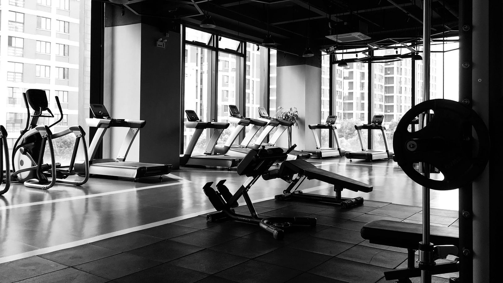 A gym facility with large windows offering natural light and views of city buildings. The gym is equipped with treadmills, elliptical machines, and weightlifting benches.