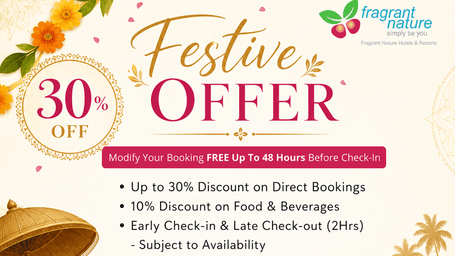 Fragrant Nature Hotels & Resorts Festive Offer banner highlighting 30% off direct bookings, with beach umbrella, houseboat, and floral decorations