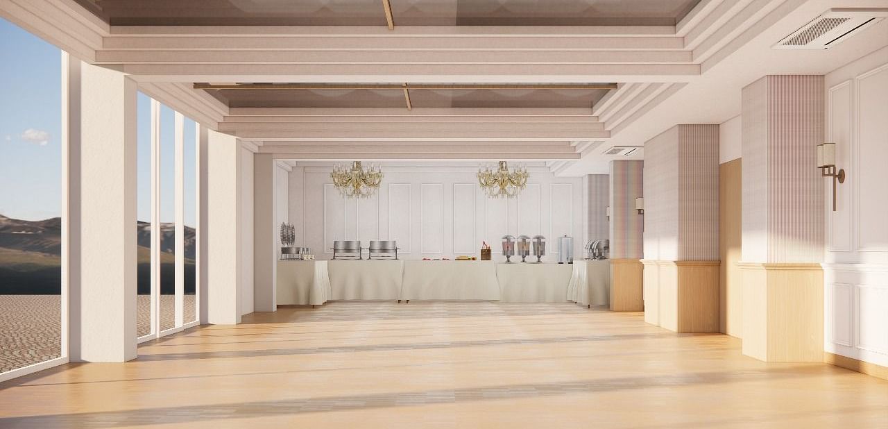 Spacious indoor hall with wooden flooring and chandeliers at ARNISA Boutique Hotel