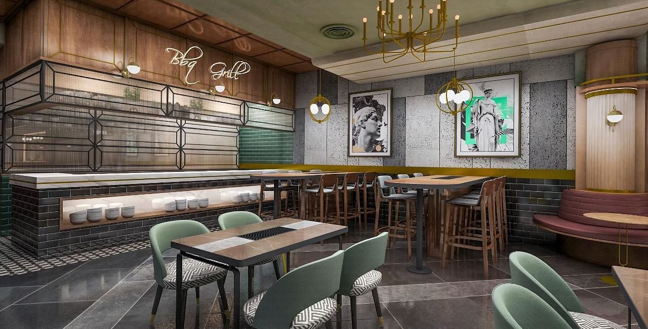 An image of a restobar at Themis Barbecue House, Panipat featuring chairs and tables on one side and on the other there is a counter 
