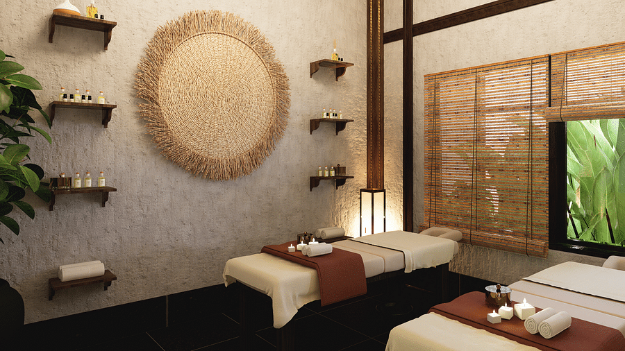 A room with two massage tables, a round woven wall hanging, shelves, and blinds on a window - Rhino and River BluSalzz Collection, Pobitora
