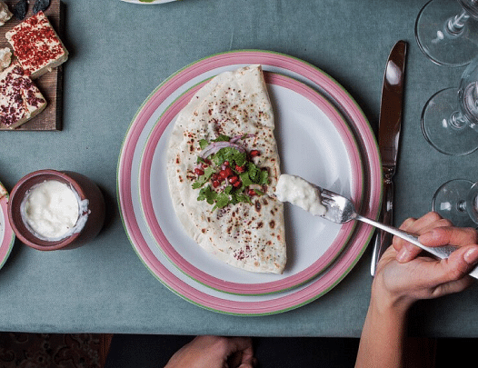  A top-down view of a table with various dishes.