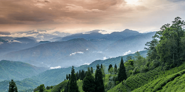 Serene view of misty mountains, lush green hills, and a peaceful sky at sunset.