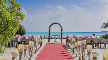 The wide view of a beach with decorated area surrounded by trees