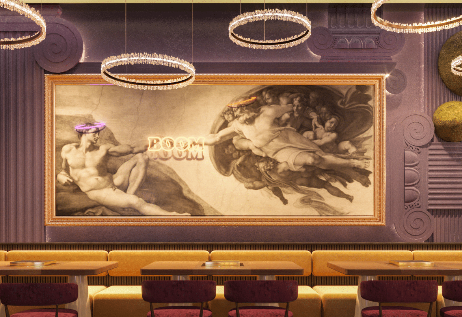 An image of a restaurant featuring a seating area with painting on the wall - Themis Barbecue House Ambala