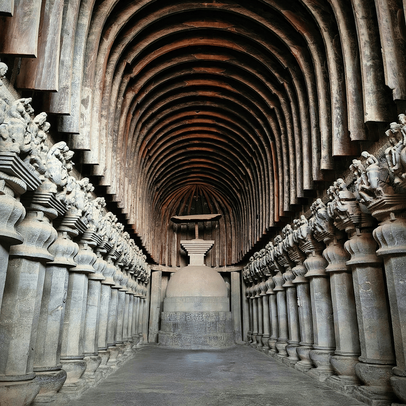 A view inside one of the Karla Caves, consisting of a Chaitya Hall with numerous pillars and arched ceiling.