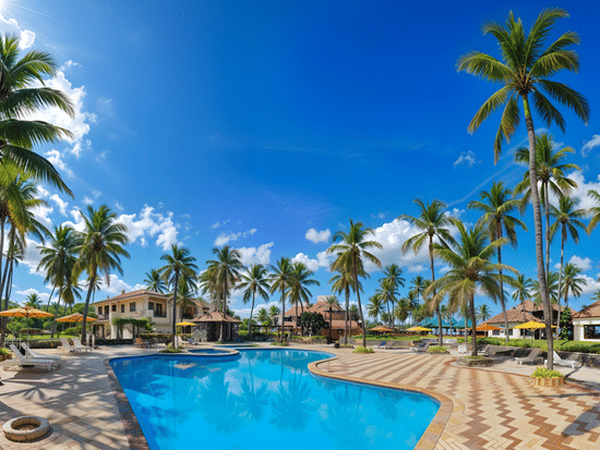 Resort pool at MGM Hotels & Resorts surrounded by lush greenery.