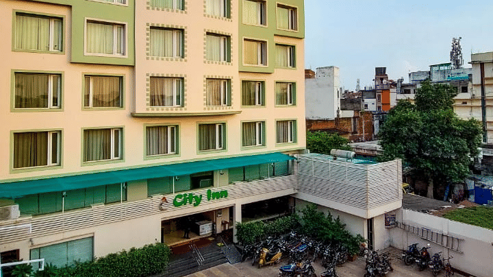 An aerial view of the facade of our hotel near Varanasi Railway Station | Hotel City Inn, Varanasi