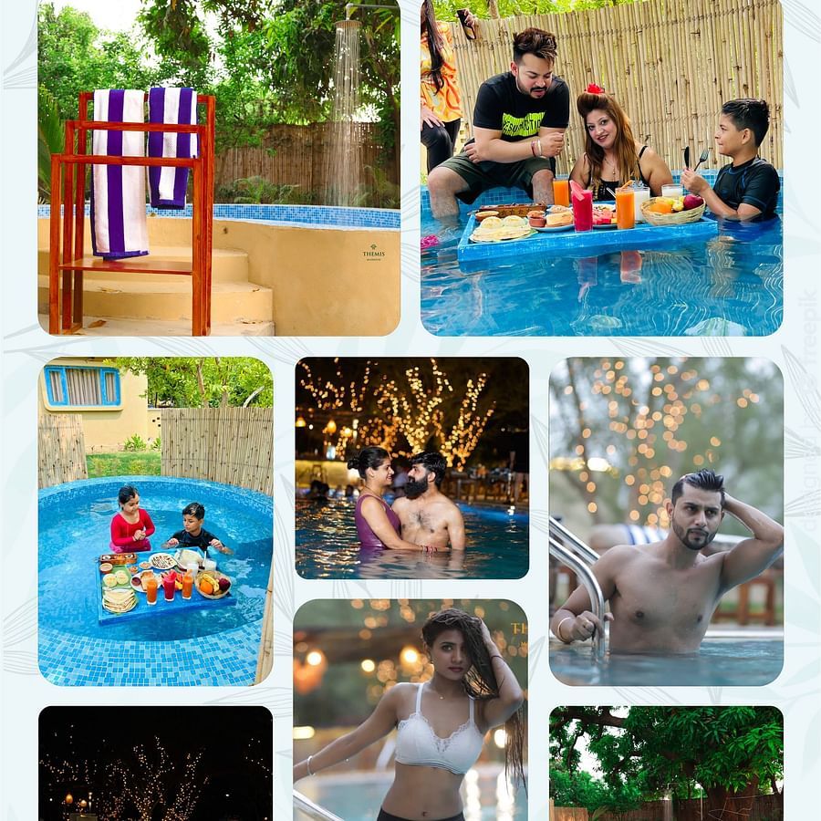Collage of people enjoying the swimming pool at Themis Mudhouse- A Nature's Wellness Resort